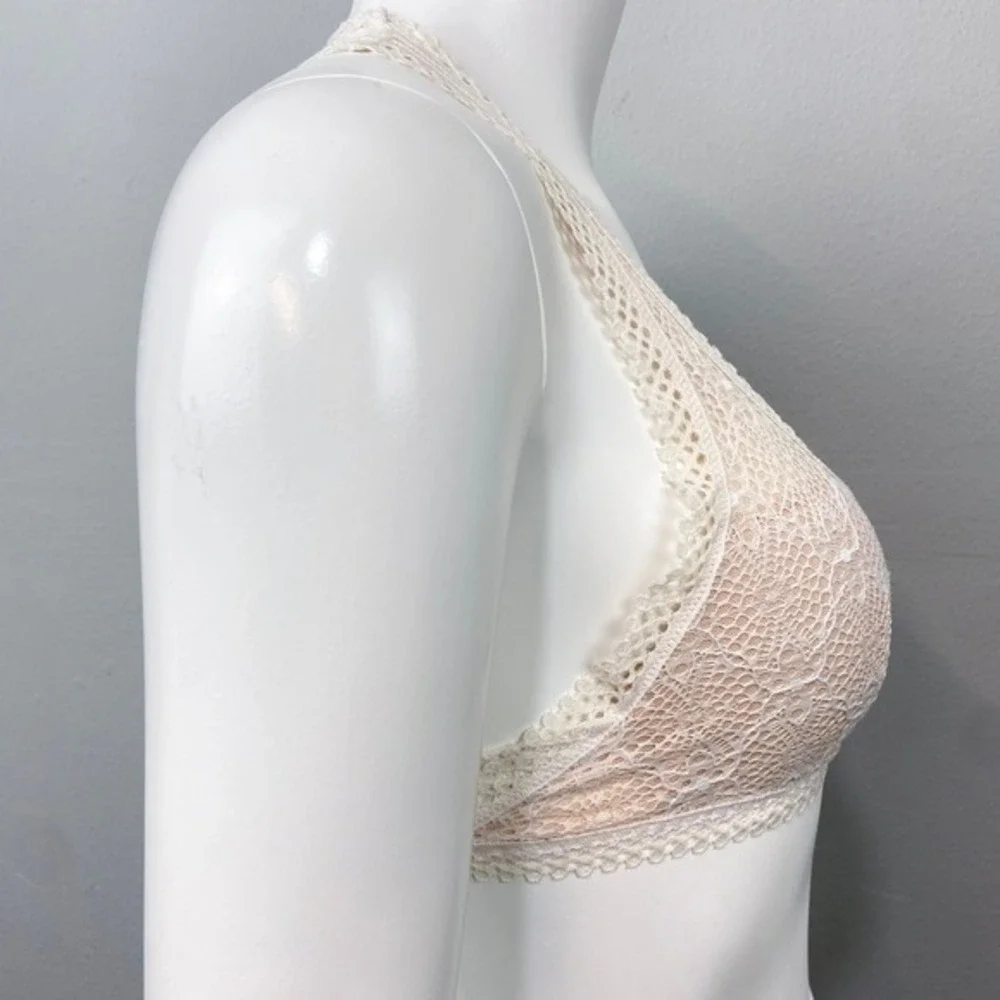 Victorias Secret Lace Trim Bralette Ivory White Size XS Racerback Crochet Halter